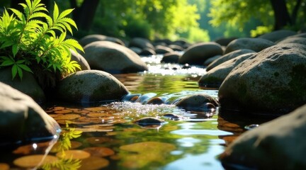 Serene Stream Flowing Over Smooth River Rocks in a Lush Green Forest
