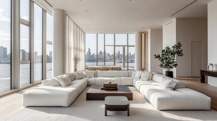 Spacious living room with a sectional sofa and large windows, featuring a clean, minimalist aesthetic