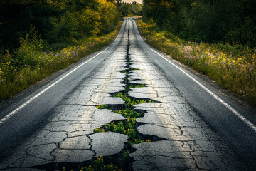 Desolate highway with cracked pavement leading into the horizon surrounded by overgrown foliage