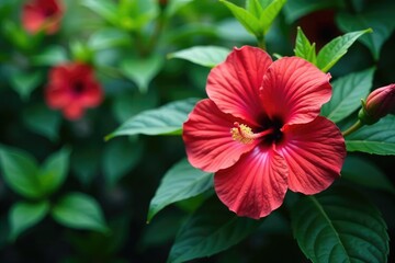 Vibrant tropical hibiscus, lush foliage, endless repeat , flowers, red, texture