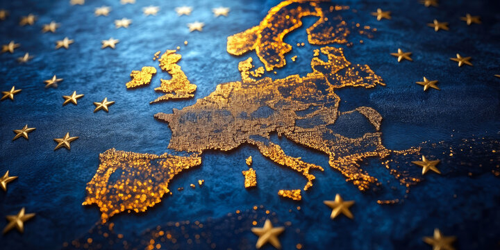 Golden 3D Map of Europe with Stars on Blue Background Representing European Union and Global Trade