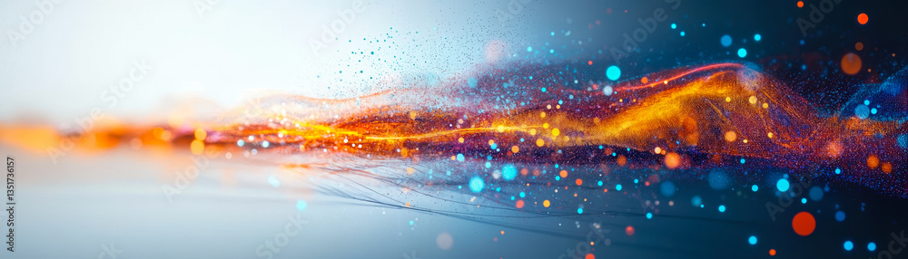 Poster dynamic wave of digital data flowing through abstract network with colorful particles and lines in f