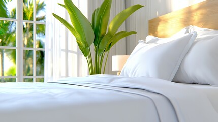 Relaxing Bedroom Interior with Sunlight and White Bedding