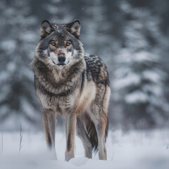 Naklejka premium Majestic Wolf Standing in a Snowy Wilderness - A Stunning Display of Wild Nature in Winter