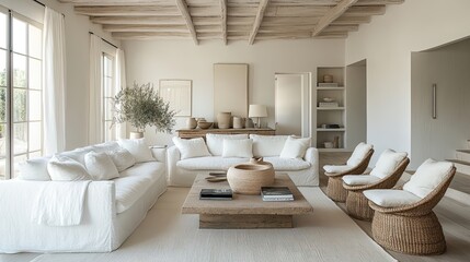 White sofa and armchairs paired with modern furnishings for a comfortable living room