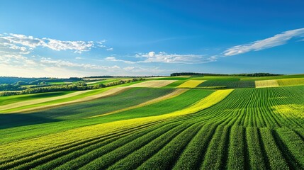 Obraz premium Bright agricultural fields stretched to the horizon, forming geometric patterns of different shades of green against a bright blue sky.