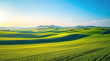Obraz premium Bright agricultural fields stretched to the horizon, forming geometric patterns of different shades of green against a bright blue sky.