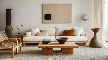 Sleek Scandinavian living room design light-colored sofa natural wood coffee table soft throw pillows abstract art pieces on the wall creating a serene vibe.  