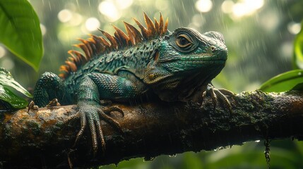 Fototapeta premium Iguana Rainforest Branch Rain Nature Wildlife