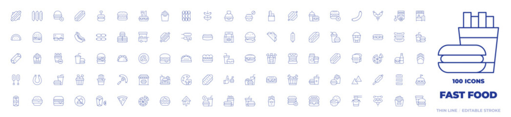 100 Fast food Icons Collection. Thin line icon. Editable stroke. hot dog, burger, flautas, groceries, sausage, burrito, sandwich, taco, corn dog, bread, popcorn, kebab
