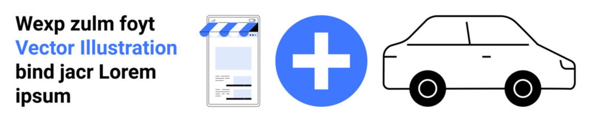 Storefront with awning, blue cross symbol, and car vector highlights healthcare access, transportation, commerce. Ideal for healthcare, delivery, pharmacy, logistics mobile services community aid