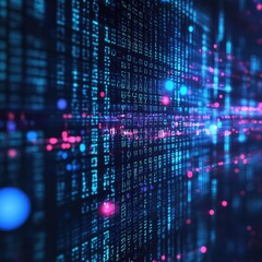 Digital Display Blue Data Flow, Code Matrix, Futuristic Tech, Pink Light Bursts