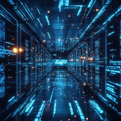 Fototapeta premium Digital Data Stream Tunnel With Glowing Lines, Information Technology, Code, Dark Ambiance
