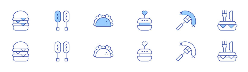 Fast food icon set in two styles, Duotone and Thin Line style. Editable stroke. burger, corndog, taco, sausage, food