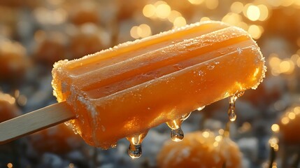 A stick of orange ice cream with a drizzle of water on it