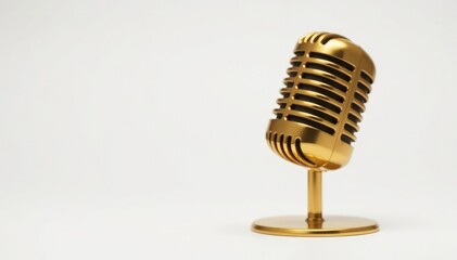 Fototapeta premium Close-up shot of a single gold microphone isolated on white , metal, object
