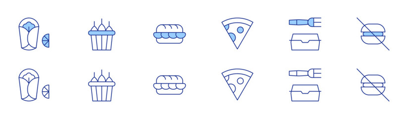 Fast food icon set in two styles, Duotone and Thin Line style. Editable stroke. burrito, chicken bucket, calamari sandwich, pizza slice, food package, no fast food