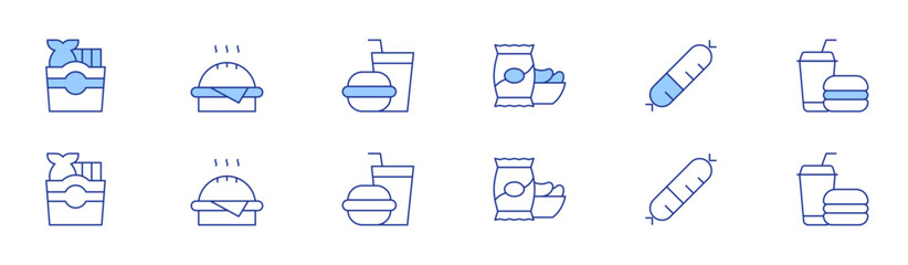 Fast food icon set in two styles, Duotone and Thin Line style. Editable stroke. chips, fish and chips, sausage, cheese burger, fast food