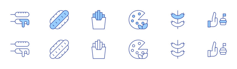 Fast food icon set in two styles, Duotone and Thin Line style. Editable stroke. corn dog, pizza, sausage, hot dog, no fast food, fast food