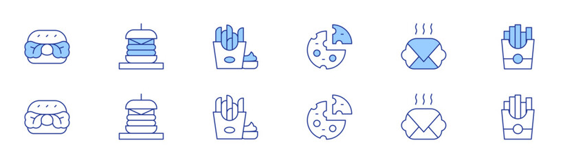 Fast food icon set in two styles, Duotone and Thin Line style. Editable stroke. hamburger, french fries, cheese, burger