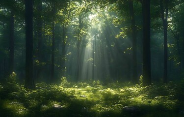 Naklejka premium Sunlight Streaming Through Forest Canopy, Illuminating Lush Greenery