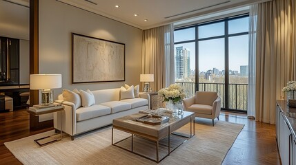 Sophisticated living space with a designer sofa, natural wood flooring, and soft decor elements, creating a calm and elegant vibe, bathed in natural light, wide view.  