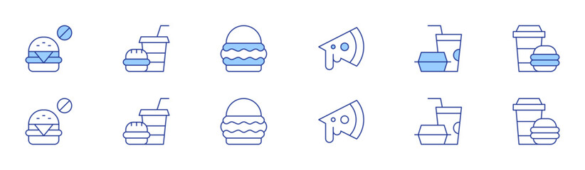 Fast food icon set in two styles, Duotone and Thin Line style. Editable stroke. no fast food, fast food, pizza, burger