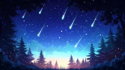 Naklejka premium A serene night sky filled with shooting stars over a forest, creating a magical and tranquil atmosphere.