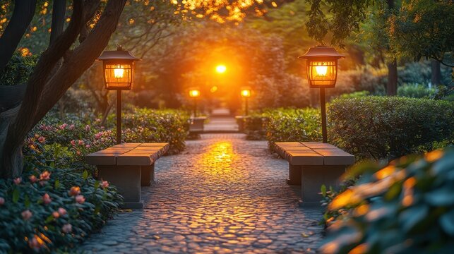 A picturesque stone pathway illuminated with warm glowing park lights
