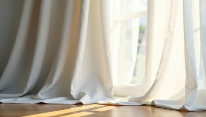 Flowing sheer white linen curtains, soft light, light, delicate