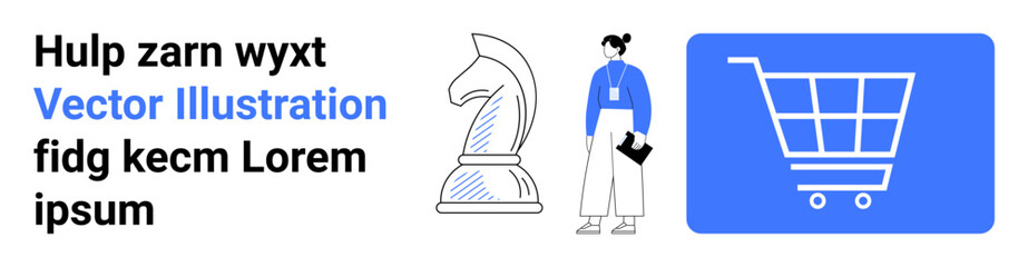 Person holding a document near a knight chess piece and shopping cart icon, symbolizing strategy, decision-making, e-commerce, innovation, planning, growth, and a simple landing page