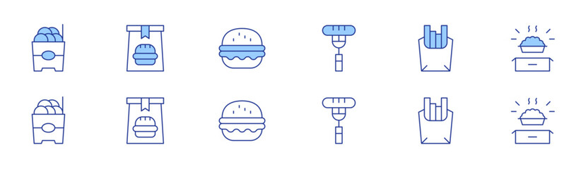Fast food icon set in two styles, Duotone and Thin Line style. Editable stroke. sausage, french fries, fritter, food box, food package, burger