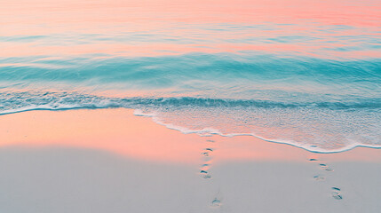 Soft pink and teal beach scene, gentle wave washing ashore, leaving footprints in sand, symbolizing peace, tranquility, and serenity at sunset