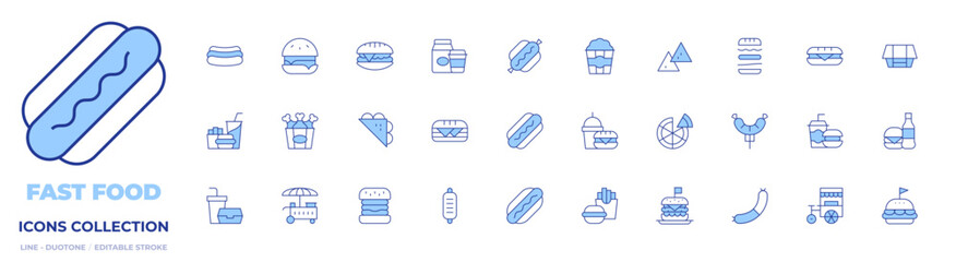 Fast food icons collection. Line Duotone style, editable stroke. sausage, burger, bread, popcorn, chicken bucket, sandwich, nachos, hot dog, hotdog, hamburger, pizza