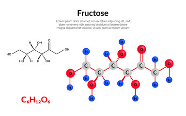 Fructose, or fruit sugar, molecular structure formula, ball-and-stick model, suitable for education or chemistry science content. Vector illustration