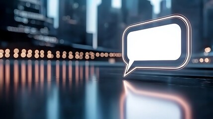 Glowing speech bubble over city reflection.  Blank space for text