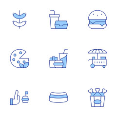 Fast food icons set. Line Duotone style, editable stroke. chicken bucket, pizza, sausage, hotdog, food cart, fast food, no fast food, burger
