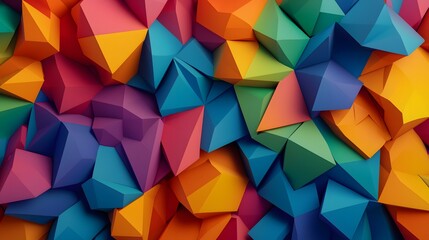 Obraz premium The image contains a vibrant abstract background composed of a multitude of colorful, three-dimensional polygonal shapes that interlock to form a complex and textured surface.