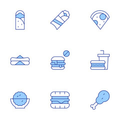 Fast food icons set. Line Duotone style, editable stroke. pop corn, shawarma, hot dog, no fast food, fast food, pizza, kebab, chicken