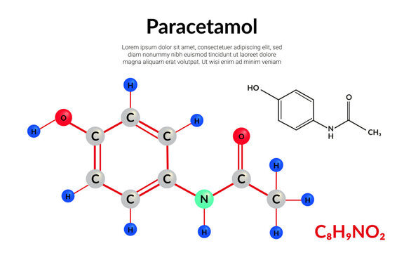 Paracetamol or acetaminophen, analgesic drug, molecular structure formula, ball-and-stick model, suitable for education or chemistry science content