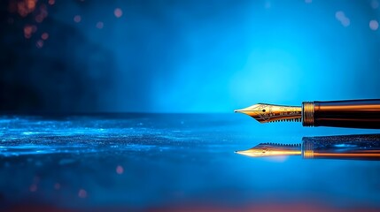 Gold fountain pen rests on reflective surface, illuminated by dramatic blue lighting