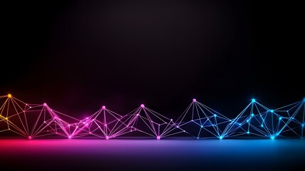 A dark background features a vibrant, interconnected network of glowing nodes and lines, transitioning smoothly from warm pink to cool blue hues.