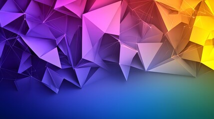 Obraz premium The image shows an abstract background of interconnected, vibrant triangular shapes in shades of purple, pink, orange, and yellow, transitioning to a blue gradient at the bottom.A collection of brigh