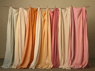 Colorful draped fabrics in soft tones.