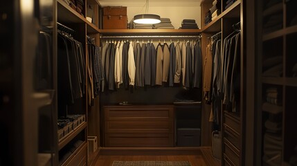 Obraz premium Stylish closet-room minimalist design with clothing in muted tones streamlined racks and drawers soft lighting adds a warm and organized feel. 