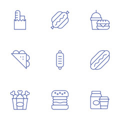 Fast food icons set. Thin Line style, editable stroke. groceries, bread, chicken bucket, hot dog, hamburger, food, fast food