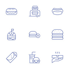 Fast food icons set. Thin Line style, editable stroke. sandwich, burger, burrito, food truck, no fast food, fast food, hot dog, pizza
