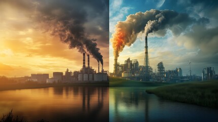 A powerful contrast of pollution and nature, depicting an industrial factory split between a smog-filled sky and a clean, green environment