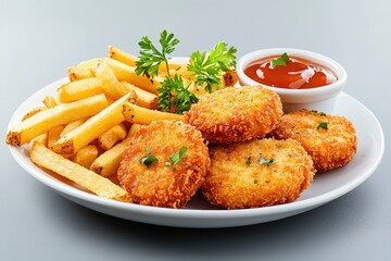 A classic American comfort food meal featuring crispy breaded chicken fillets drizzled with tangy sauce and accompanied by crispy French fries.