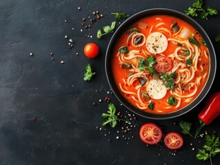 Delicious bowl of spaghetti with fresh ingredients.